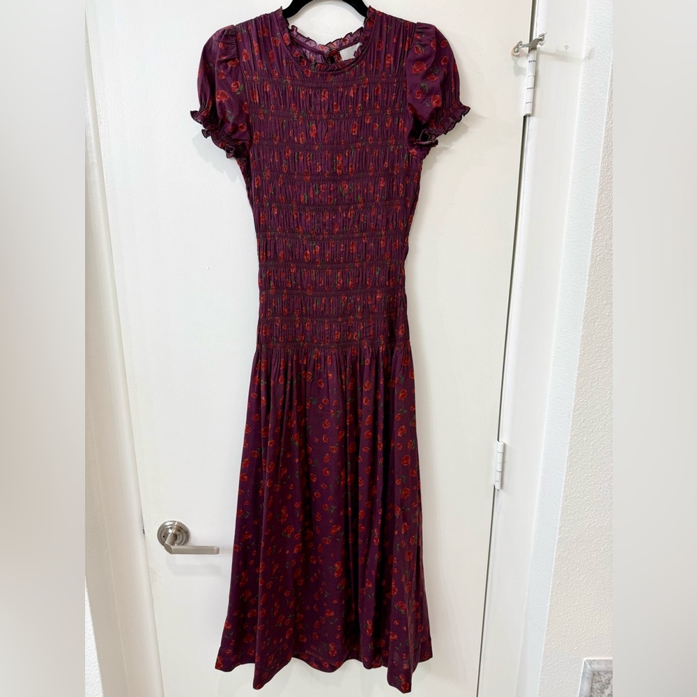 Reformation Kiria Amberley Burgundy Floral Short Sleeve Dress